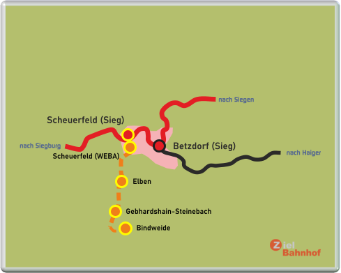 Betzdorf (Sieg) Scheuerfeld (Sieg) Scheuerfeld (WEBA) Bindweide nach Siegen nach Siegburg nach Haiger Gebhardshain-Steinebach Elben